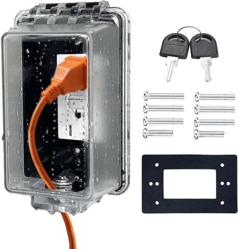 PILISPARK Universal Weatherproof Electrical Outlet Cover with Lock, Baby Proof Outlet Lock Box, Fits Most 2.6 "H x 2.5 "W or Smaller Plugs, Clear Outlet Waterproof Cover Box Fit for Outdoor in-Use - Image 1